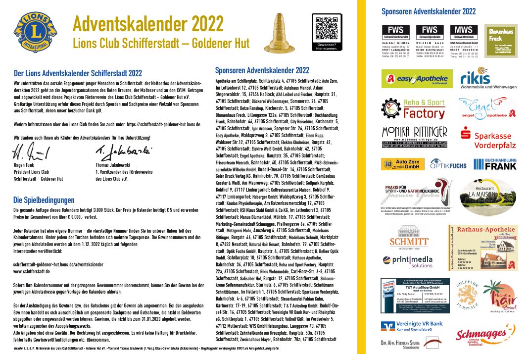 Adventskalender 2022 - Herzlichen Dank an die Sponsoren und die Stadt Schifferstadt